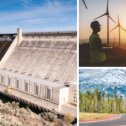 Grand Coulee Dam in Washington, Mt. Hood in Oregon, and an electrical worker standing near wind turbines.
