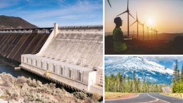Grand Coulee Dam in Washington, Mt. Hood in Oregon, and an electrical worker standing near wind turbines.