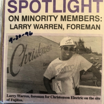 Newspaper article featuring Larry Warren as a foreman and IBEW Local 48 member.