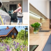 Collage of images with woman powering her electric car, a home with solar panels, and smart home appliances in a kitchen.