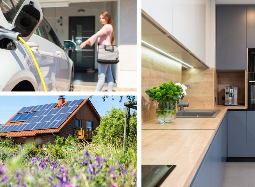 Collage of images with woman powering her electric car, a home with solar panels, and smart home appliances in a kitchen.