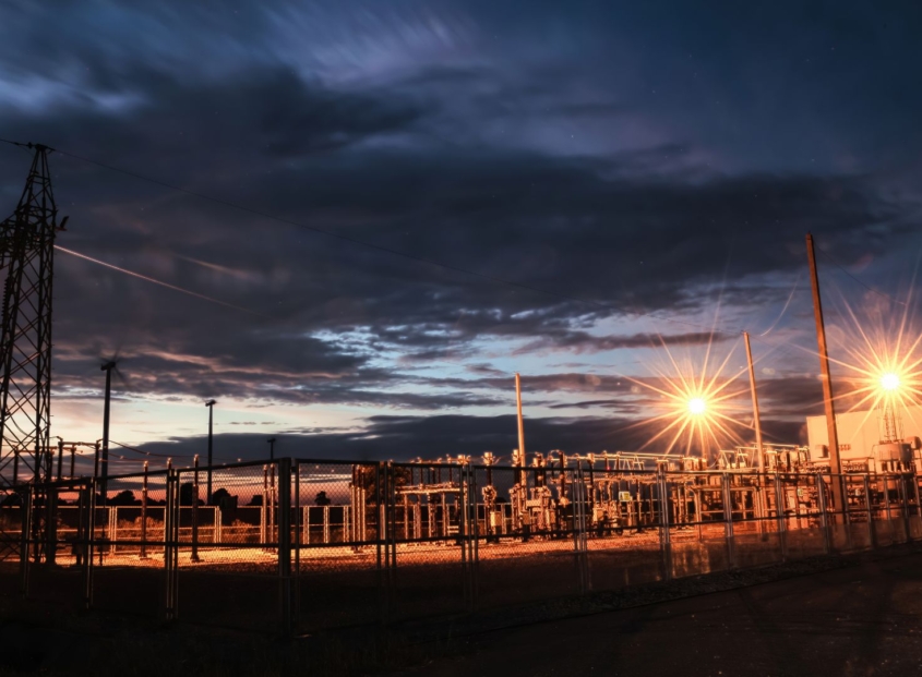 Exterior of a power facility at night.