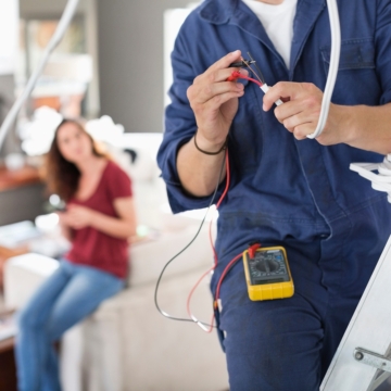 An electrician in a blue jumpsuit tests wiring in a home while the homeowner watches.