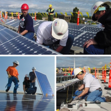 Collage of photos showing electricians installing solar panels on a commercial building.