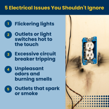 Five electrical issues you shouldn't ignore include flickering lights, breaker tripping, outlets that spark, and more.