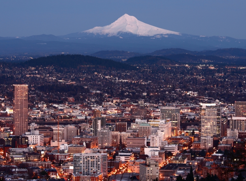 View of the city of Portland, Oregon with Mt. Hood in the background.