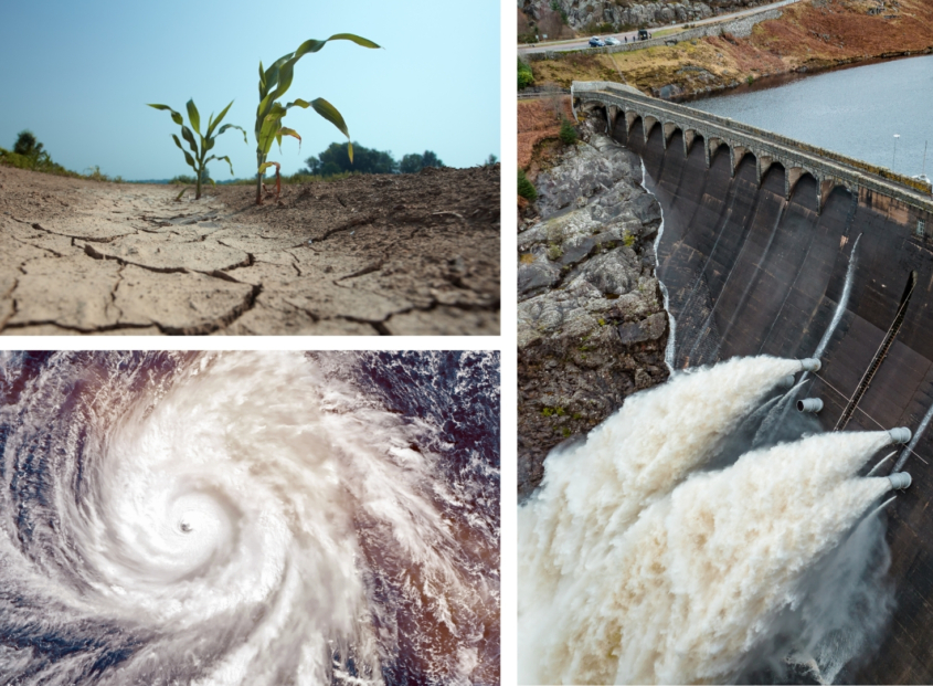 Collage of images including desert, hurricane, and dam.