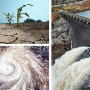 Collage of images including desert, hurricane, and dam.