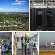 Image collage of small modular reactors, Richland, Washington, and electrical contractors working in industrial areas.