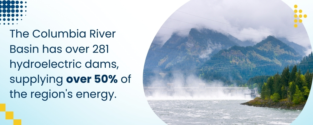 The Columbia River Basin has over 281 hydroelectric dams, supplying over 50% of the region's energy.