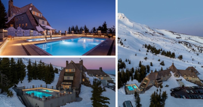 Timberline Lodge on Mount Hood in the snow.