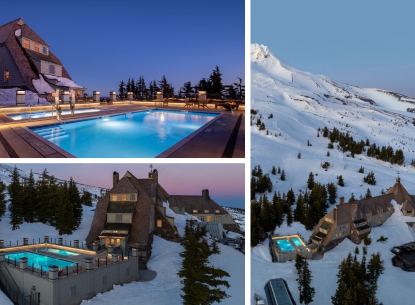 Timberline Lodge on Mount Hood in the snow.