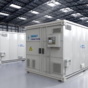 Energy storage systems (ESS) in a warehouse.