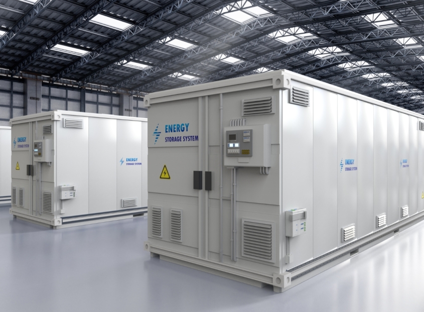 Energy storage systems (ESS) in a warehouse.