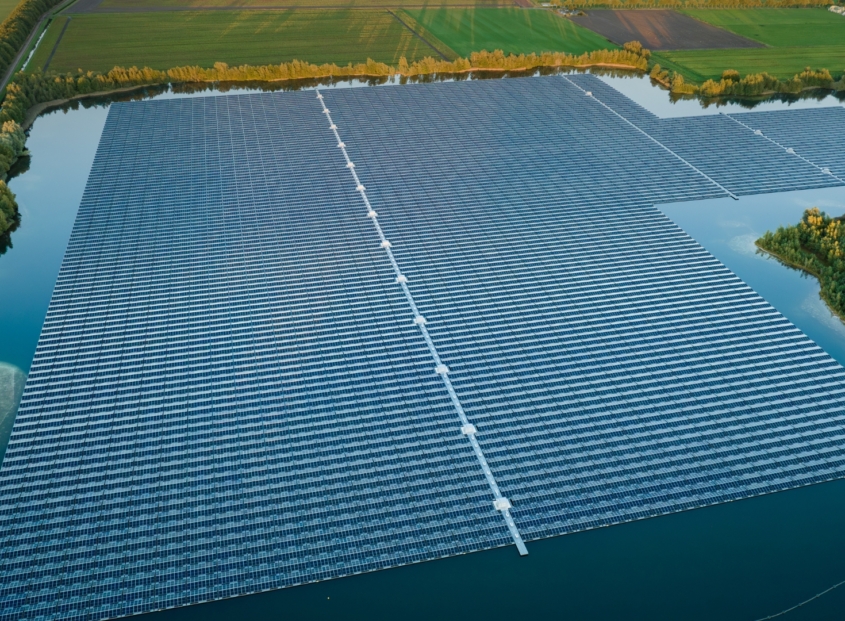 Floating solar panels in a large field.