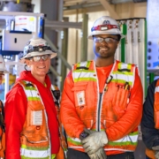 Four Oregon-Columbia Chapter of NECA electrical contractors in safety gear.