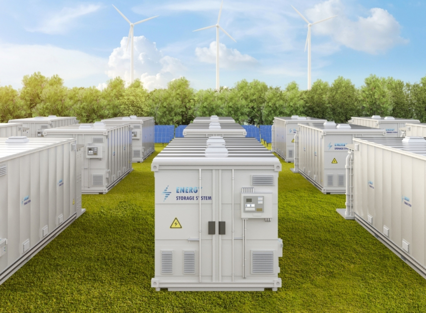 Multiple white energy storage systems (ESS) in a green field with trees in the background.