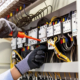 Commercial electric panel with multicolored wires.