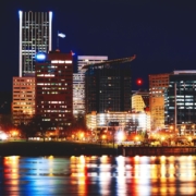 Portland, Oregon cityscape at night.