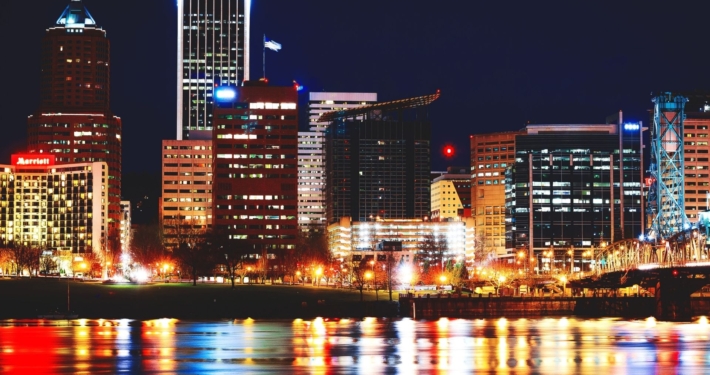 Portland, Oregon cityscape at night.