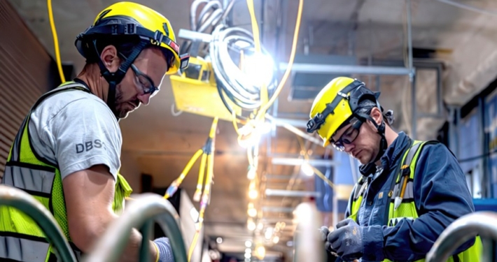 NECA-IBEW Local 48 electricians working on a warehouse's electrical infrastructure.