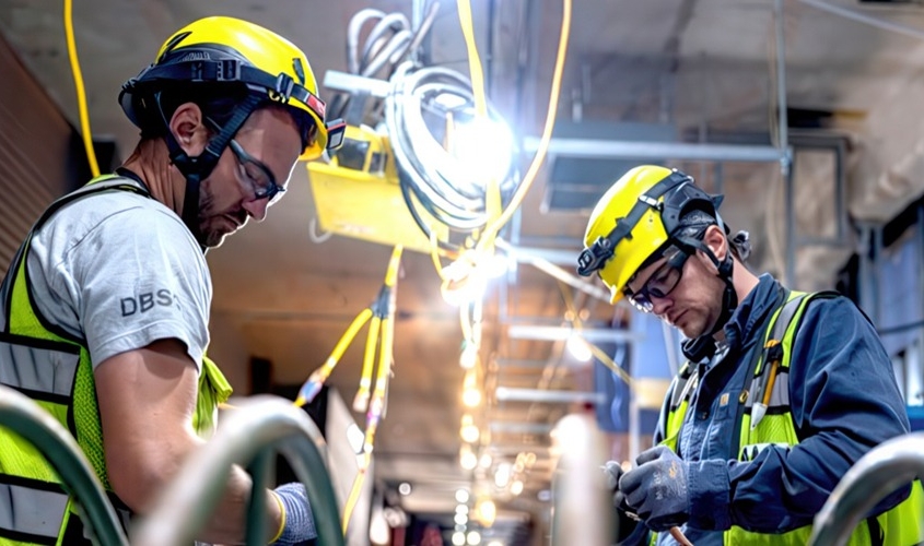 NECA-IBEW Local 48 electricians working on a warehouse's electrical infrastructure.