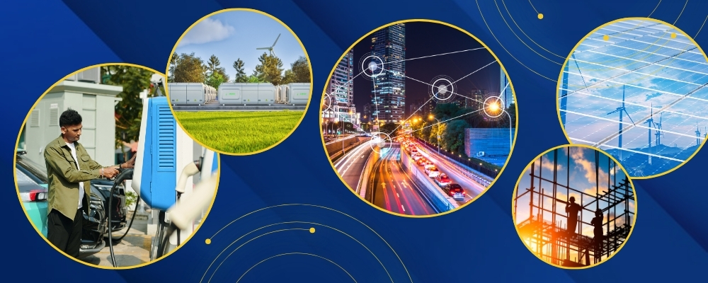 A set of circular images on a blue background showing utilities, green energy, and urban scenes.