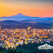 Portland, Oregon skylight at night with Mt. Hood in the background.