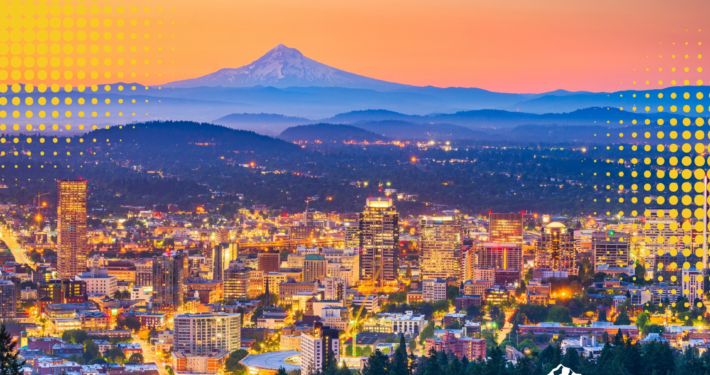 Portland, Oregon skylight at night with Mt. Hood in the background.