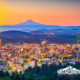 Portland, Oregon skylight at night with Mt. Hood in the background.