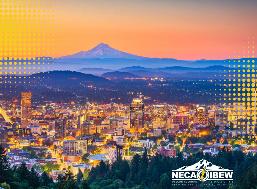 Portland, Oregon skylight at night with Mt. Hood in the background.