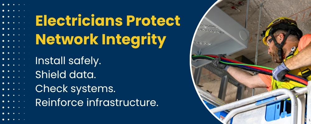 Electricians protect network integrity with safe installs, data shields, and reinforced infrastructure.