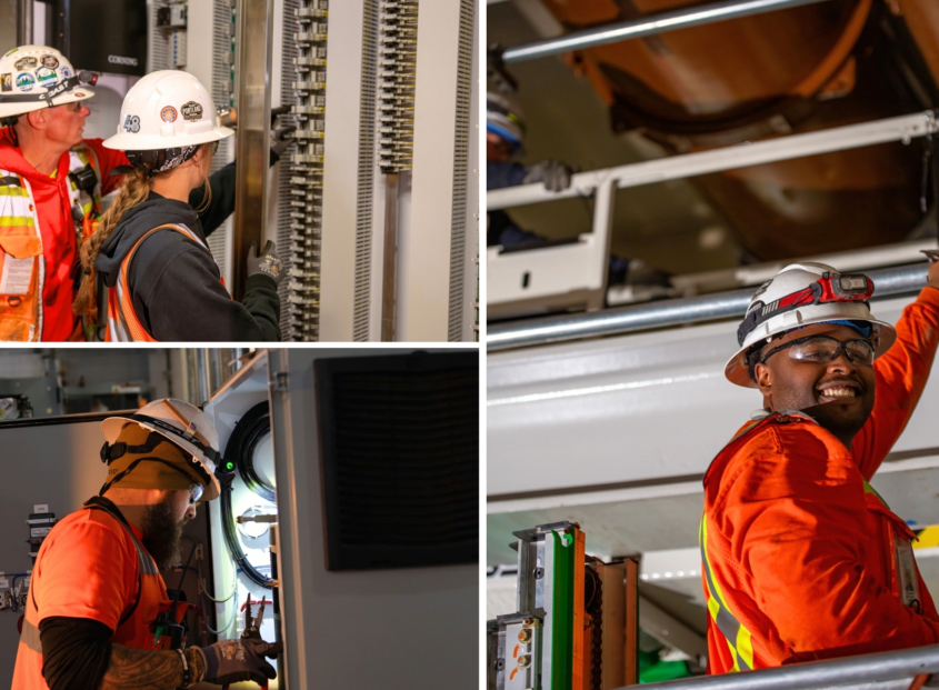 Electricians updating electrical panels, installing conduit, and upgrading servers.