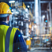 Commercial electrician in warehouse with graphic elements over the photo.