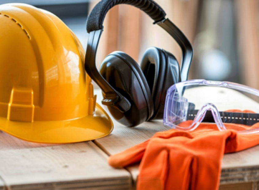 Hard hat, hearing protection ear muffs, protective goggles, and gloves on a table.