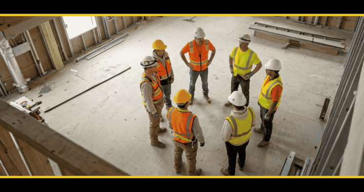 A group of construction workers in hard hats and high-visibility vests gathered in a circle on an active job site for a toolbox talk
