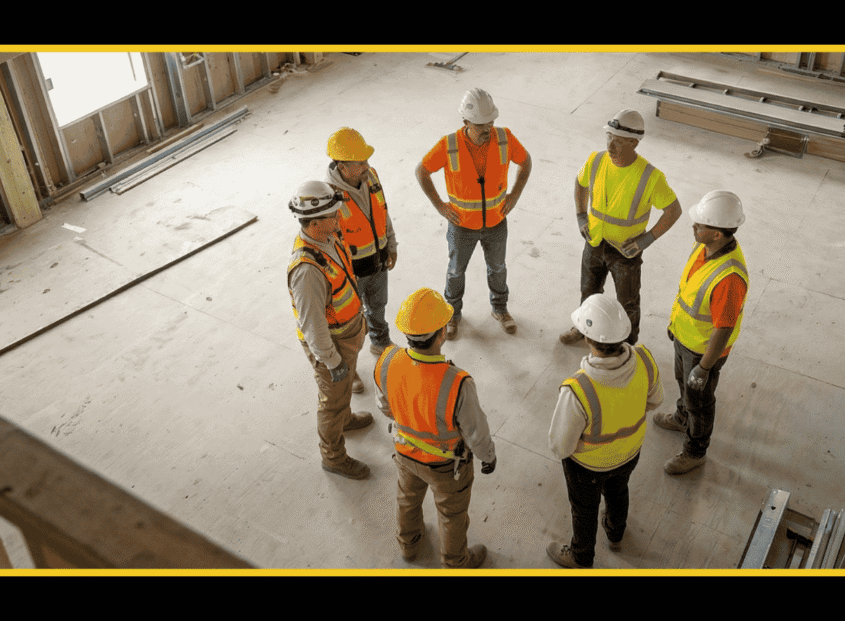 A group of construction workers in hard hats and high-visibility vests gathered in a circle on an active job site for a toolbox talk