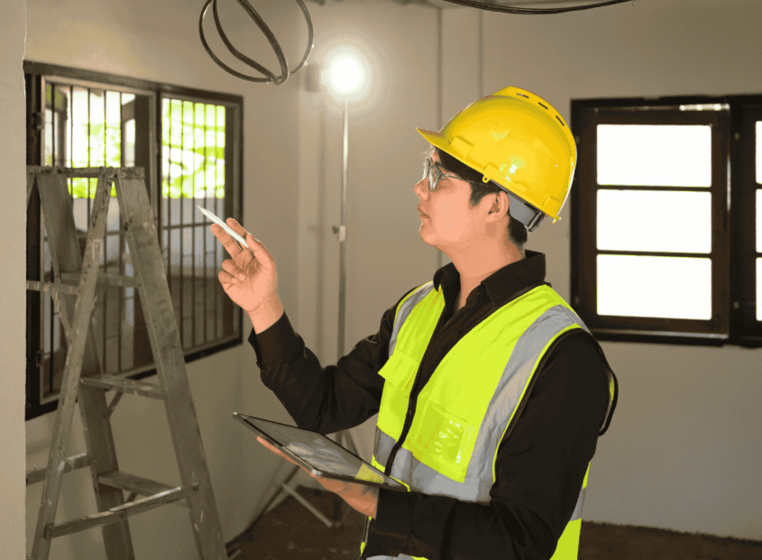 Electrician in a yellow hard hat and safety vest inspecting overhead wiring while holding a tablet inside a building under construction.