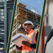 Triptych image showing three electrical industry project types: server racks in a data center, a construction worker in an orange safety vest reviewing plans on a laptop at a scaffolded building site, and a wall-mounted EV charging station