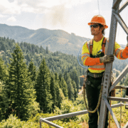 Electrician fixing a transmission tower in the forest.