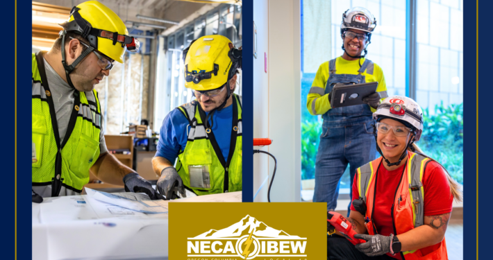 Two photos of electrical workers on project sites.