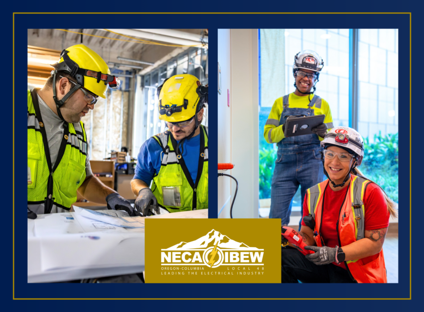 Two photos of electrical workers on project sites.