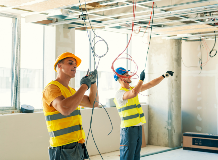 Construction electricians in new commercial building setting up electric.