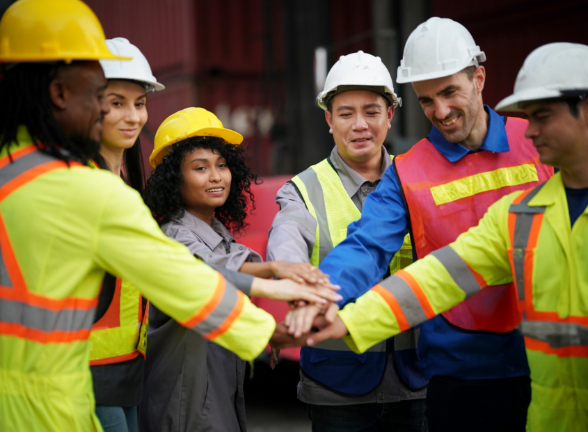 Team of construction workers putting their hands together for a team cheer.